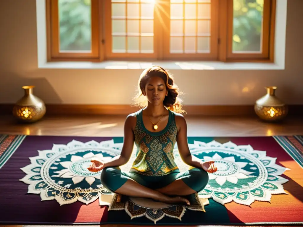 Persona meditando en un tapete con mandalas coloridos, en un ambiente bohemio iluminado por luz solar