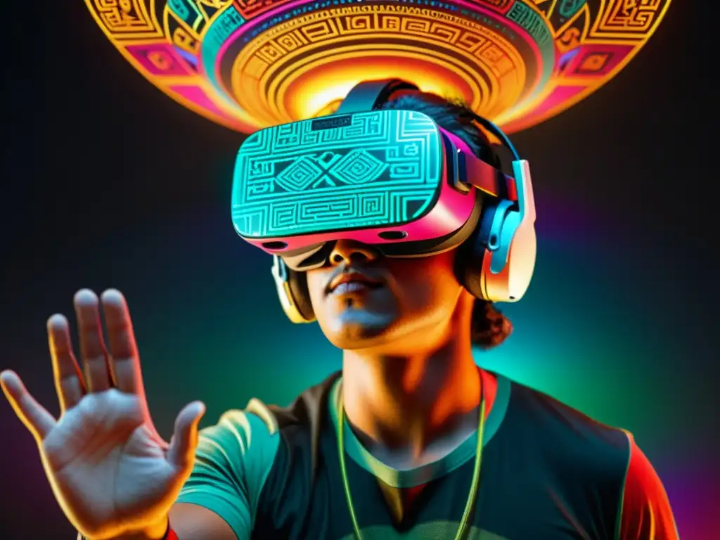 Persona usando visor de realidad virtual con Patrones Mayas en realidad aumentada, una experiencia envolvente y visualmente impresionante