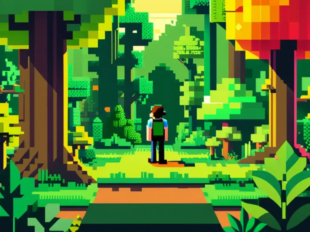 Un personaje pixelado de 8 bits en un exuberante bosque, rodeado de patrones artísticos en videojuegos, evocando nostalgia y arte