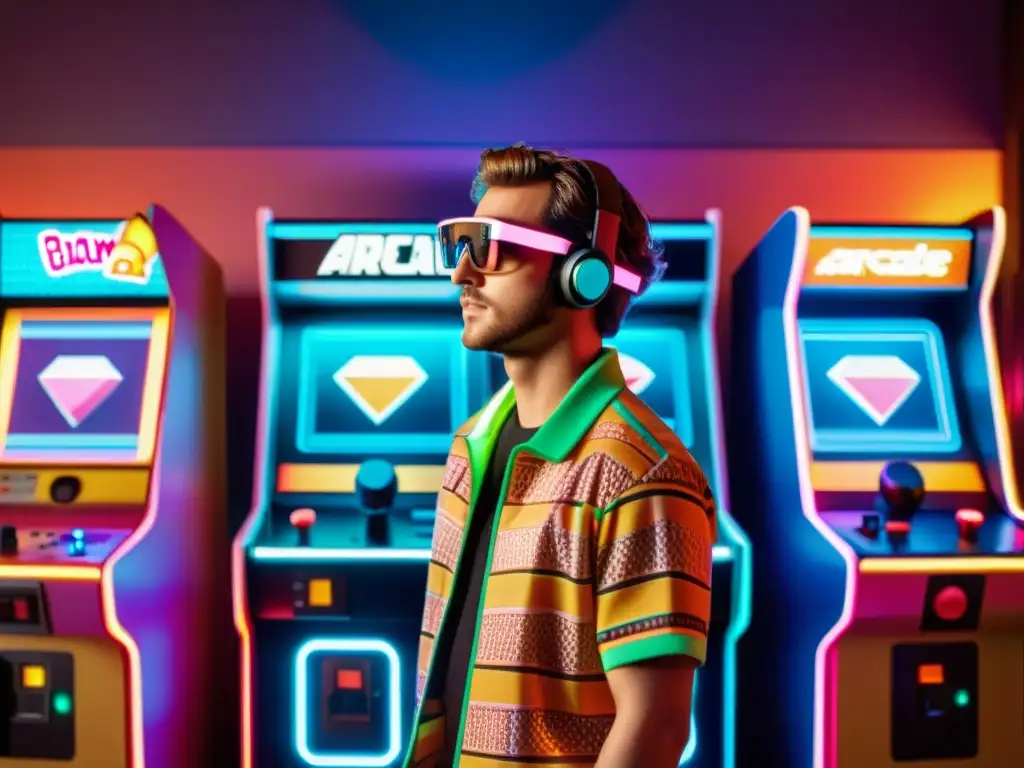 Personaje de videojuego con gafas de realidad aumentada en un arcade retro con patrones y diseño nostálgico