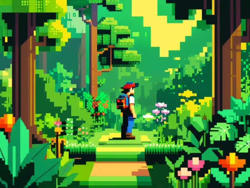 Ilustración vintage de un personaje de videojuego pixelado en un exuberante bosque detallado