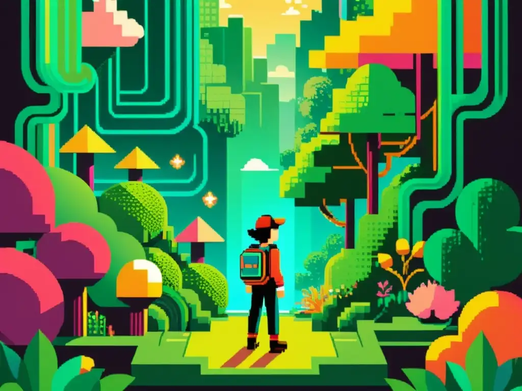 Personaje de videojuego pixelado en un mundo fantástico con patrones artísticos y colores vibrantes