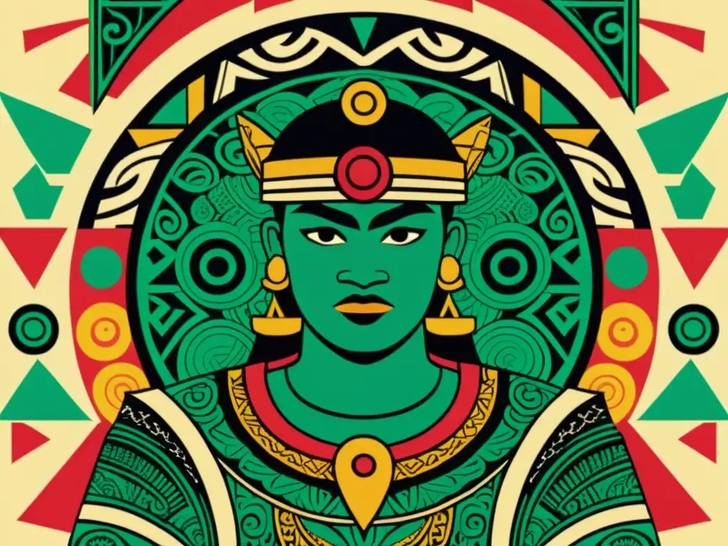 Personaje de videojuego rodeado de patrones culturales Ilustración vintage de un personaje de videojuego rodeado de patrones artísticos en culturas globales en una composición armoniosa y nostálgica