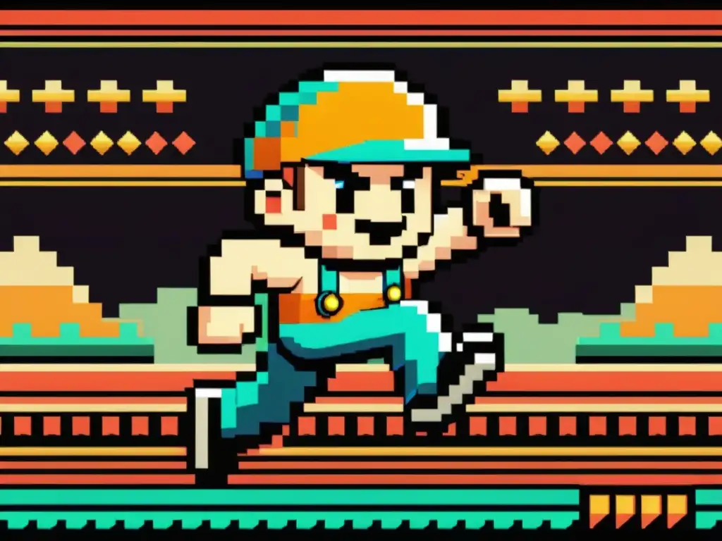 Personaje de videojuego vintage con patrones de movimiento en animación, saltando y atacando en un entorno envolvente y nostálgico