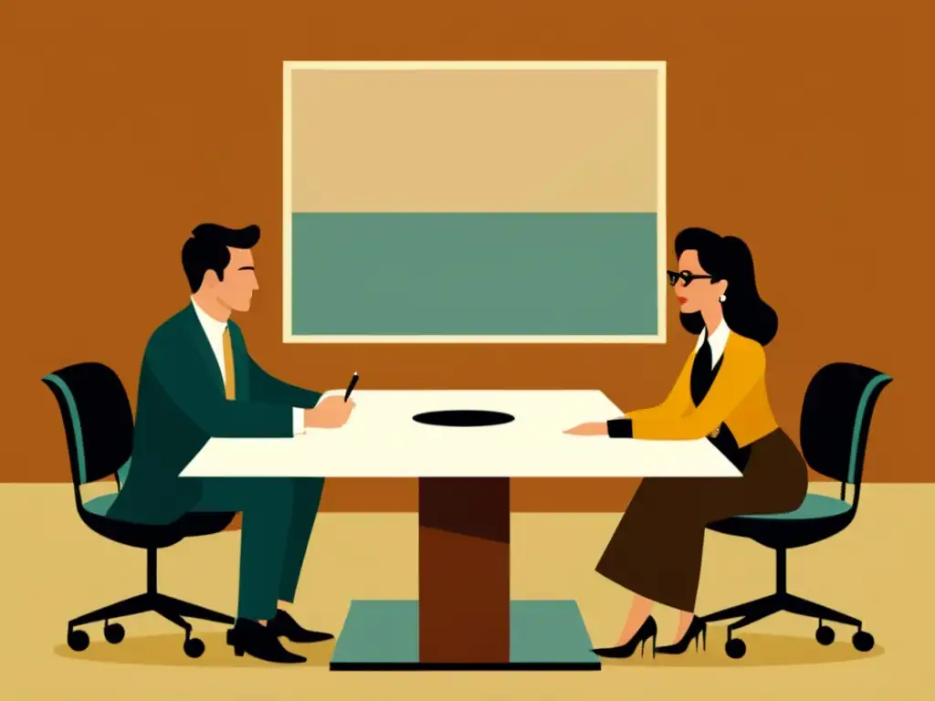 Dos personas negocian un contrato de licencia en una oficina vintage, transmitiendo respeto y entendimiento