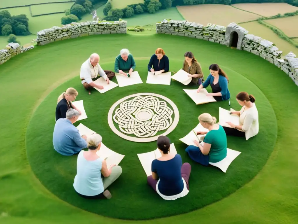 Personas creando patrones celtas en Irlanda, rodeadas de naturaleza y ruinas ancestrales en un taller mágico