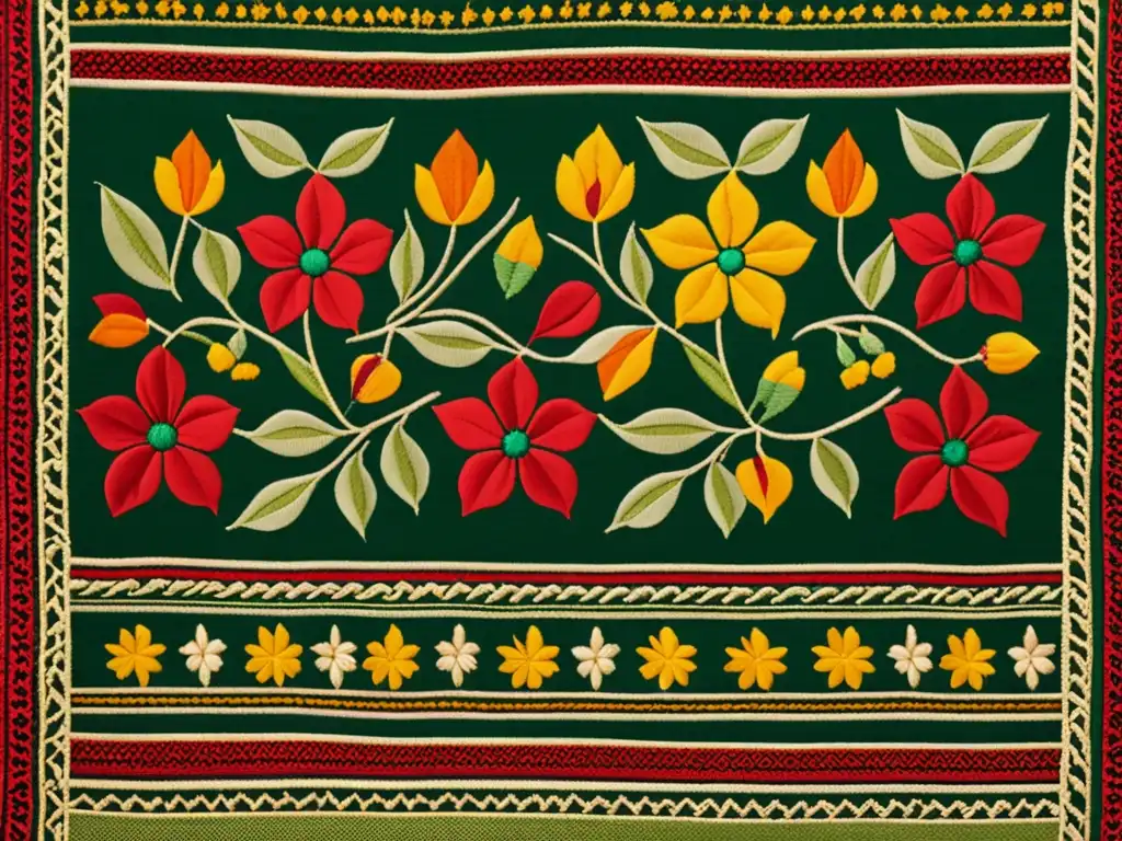 Un Phulkari bordado con delicadas flores y vides en tonos tierra, destacando el significado cultural del bordado Phulkari