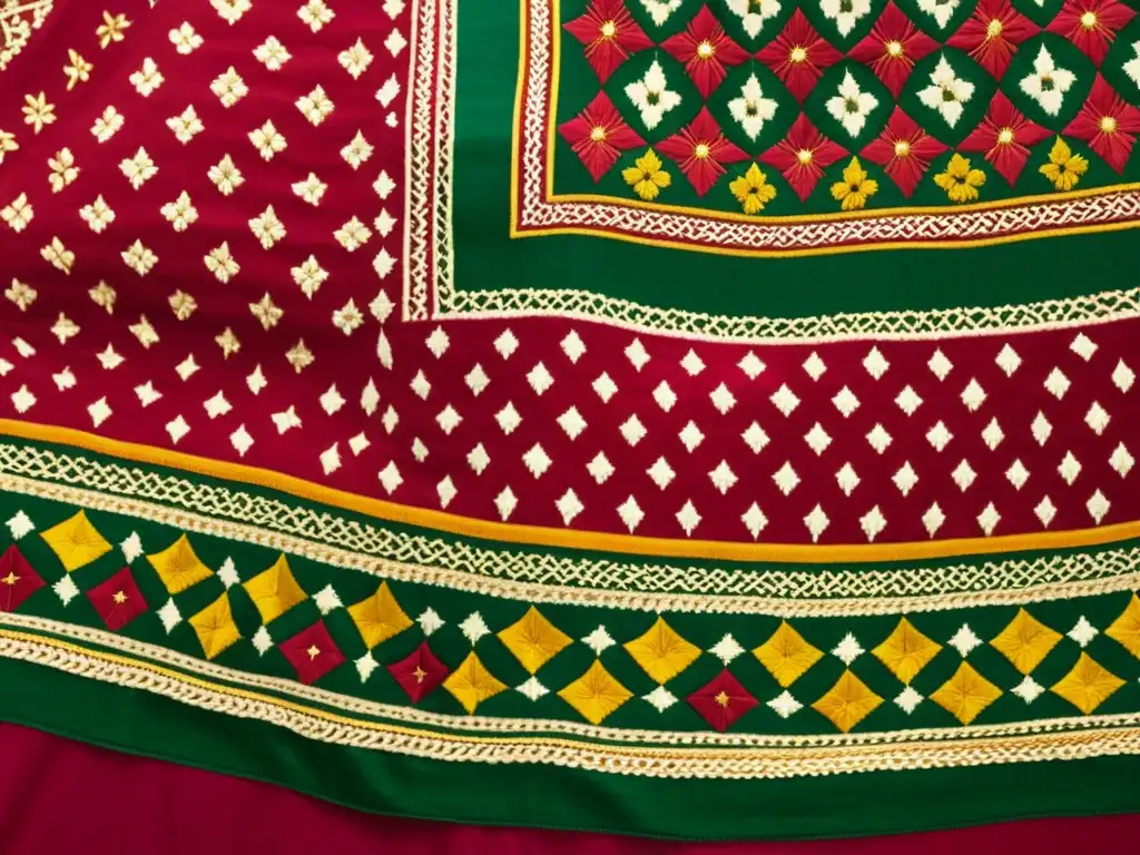 Un Phulkari bordado con patrones florales en tonos vibrantes de rojo, dorado y verde esmeralda