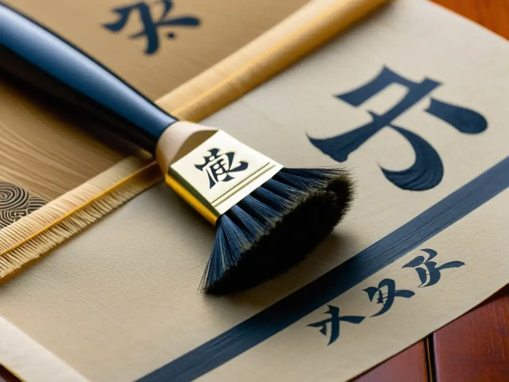 Un pincel japonés vintage reposa sobre papel washi con elegantes caracteres kanji pintados