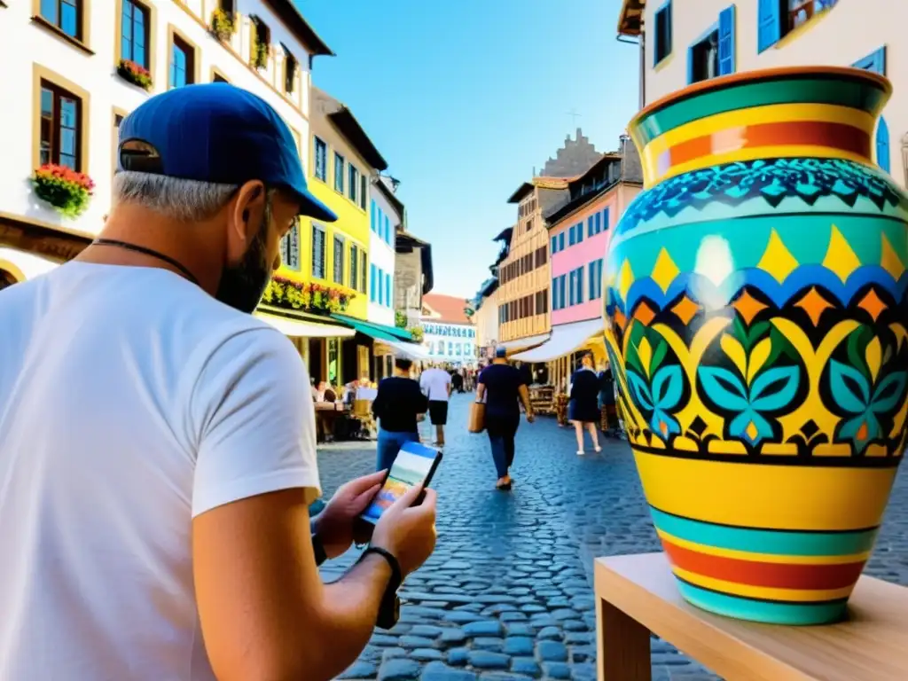 Una pintoresca calle europea con edificios centenarios y patrones pintados a mano