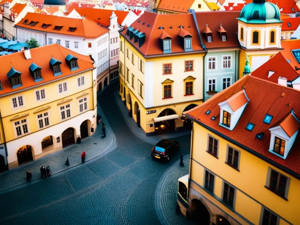 Una fotografía vintage de alta resolución de los pintorescos patrones artísticos en el Viejo Casco de Praga, capturando la encantadora atmósfera histórica y artística de la zona