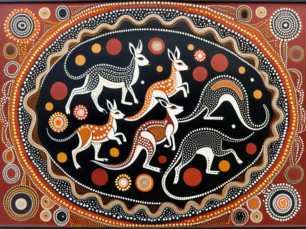 Una pintura aborigen australiana detallada, con patrones y símbolos intrincados en tonos terrosos