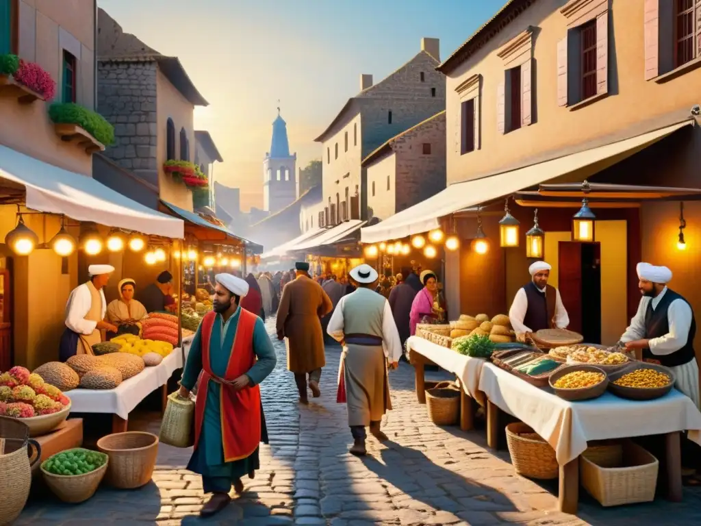 Una pintura antigua de un bullicioso mercado con detalles de mercaderes regateando, textiles vibrantes y una cálida luz del atardecer