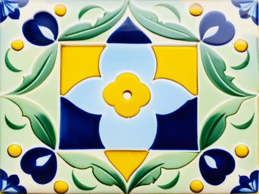 Pintura de azulejos tradicionales en Portugal: Detalle de azulejo portugués con patrones florales y geométricos en tonos vibrantes de azul, amarillo y verde, envejecido y con detalles de craquelado