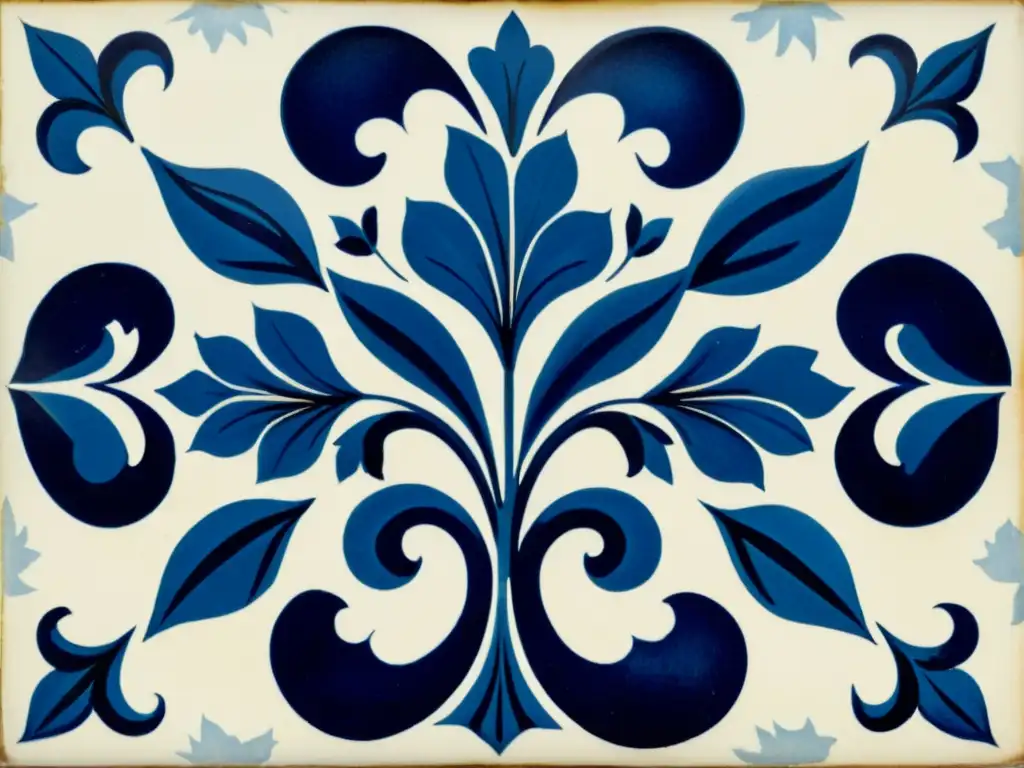 Pintura de azulejos tradicionales en Portugal: Detalle de azulejo portugués en azul y blanco con patrón floral envejecido y detallado