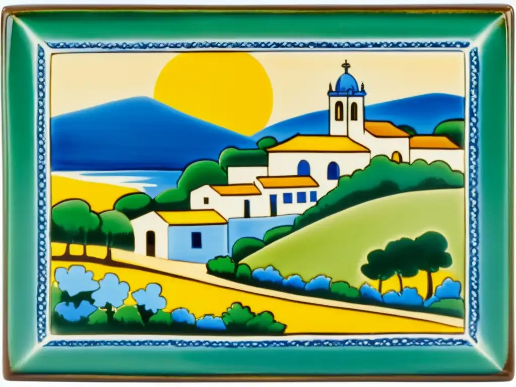 Una pintura de azulejos tradicionales en Portugal con escena de pueblo y colores vibrantes, envejecida por el tiempo