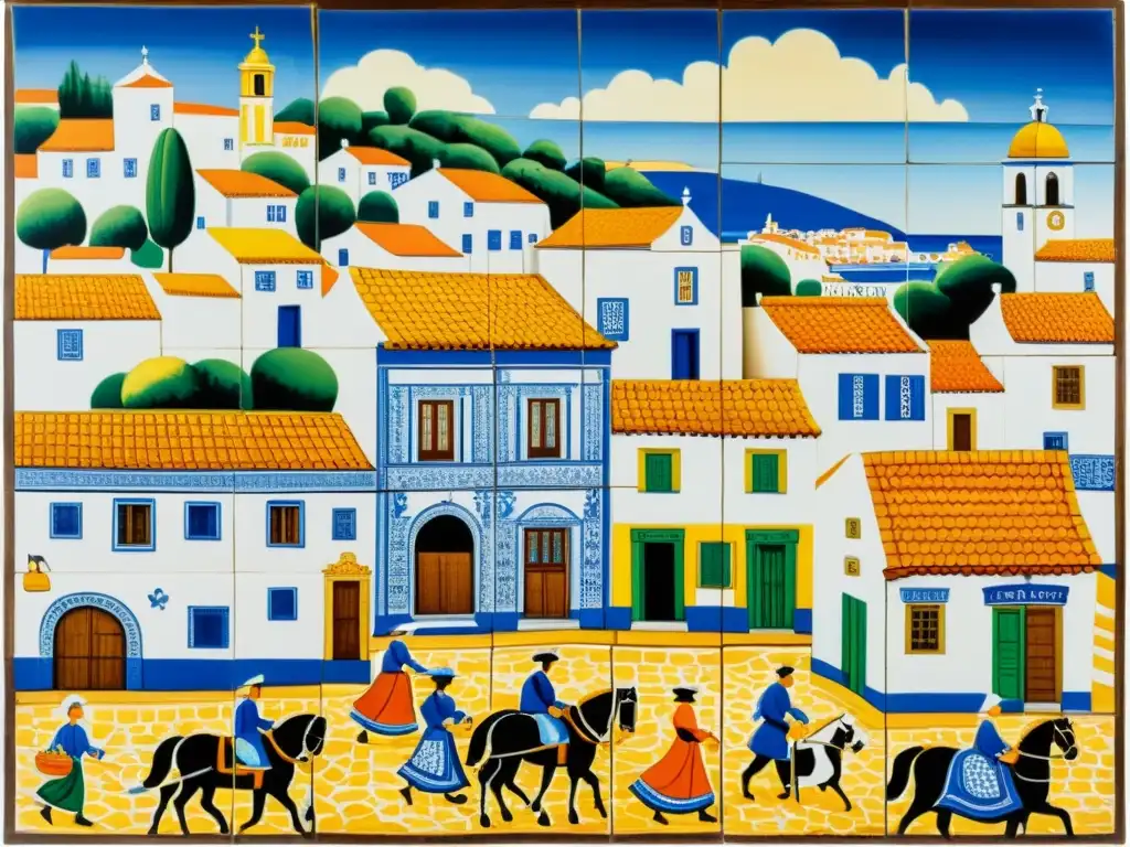 Pintura de azulejos tradicionales en Portugal: Un mural detallado y vibrante que captura la vida cotidiana en un pintoresco pueblo portugués