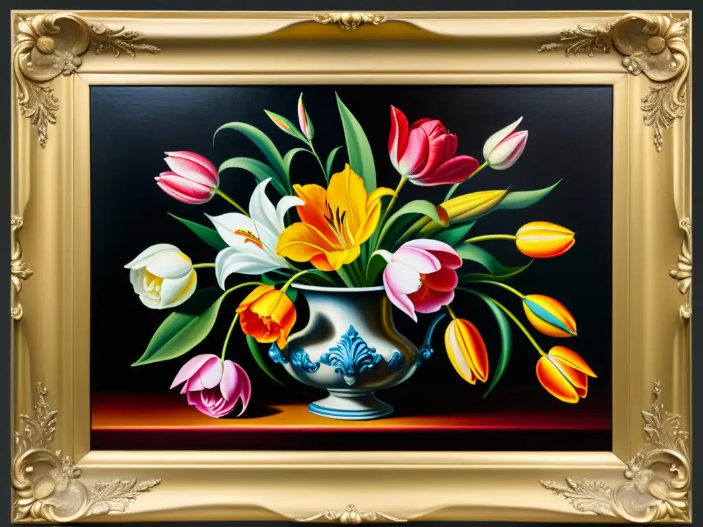 Una pintura barroca detallada muestra patrones florales en el arte con colores vibrantes, texturas realistas y un marco dorado ornamentado