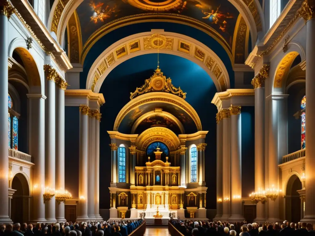 Una pintura barroca con patrones opulentos en una catedral dramática, iluminación intensa y colores ricos