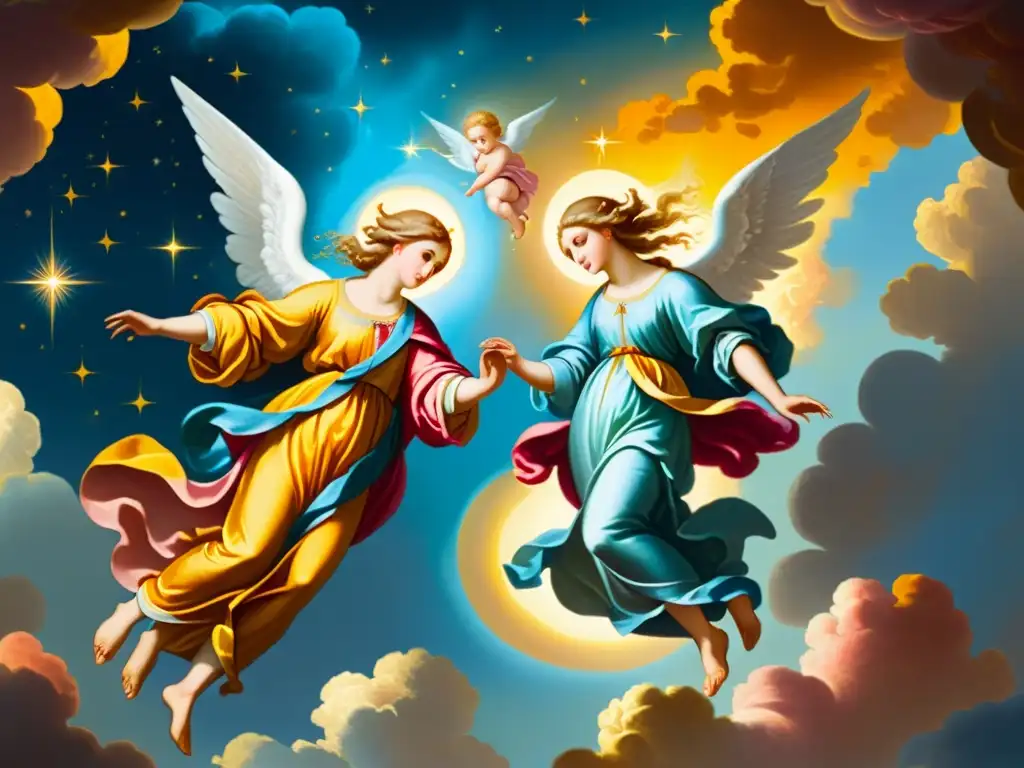 Una pintura barroca celestial muestra ángeles danzando en un cielo estrellado