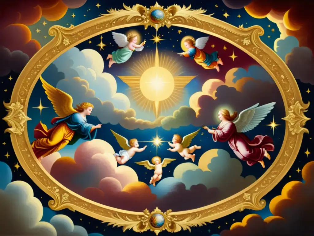 Una pintura barroca celestial detallada con patrones de ángeles y cuerpos celestiales en tonos ricos y acentos dorados sutiles