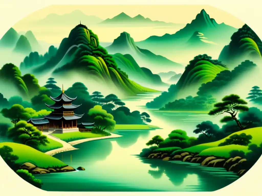 Pintura china de montaña tranquila con pagoda entre árboles y río