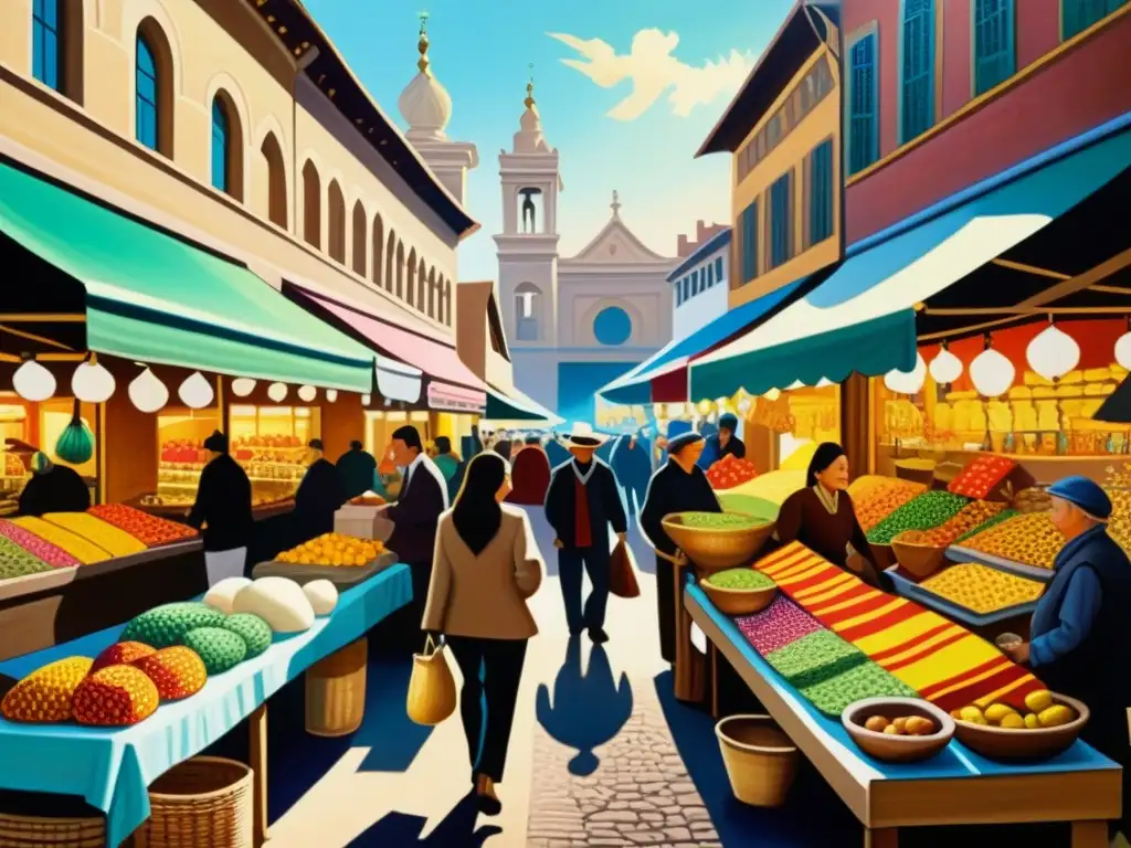 Una pintura detallada de un bullicioso mercado de arte con influencias culturales diversas y expresiones artísticas vibrantes