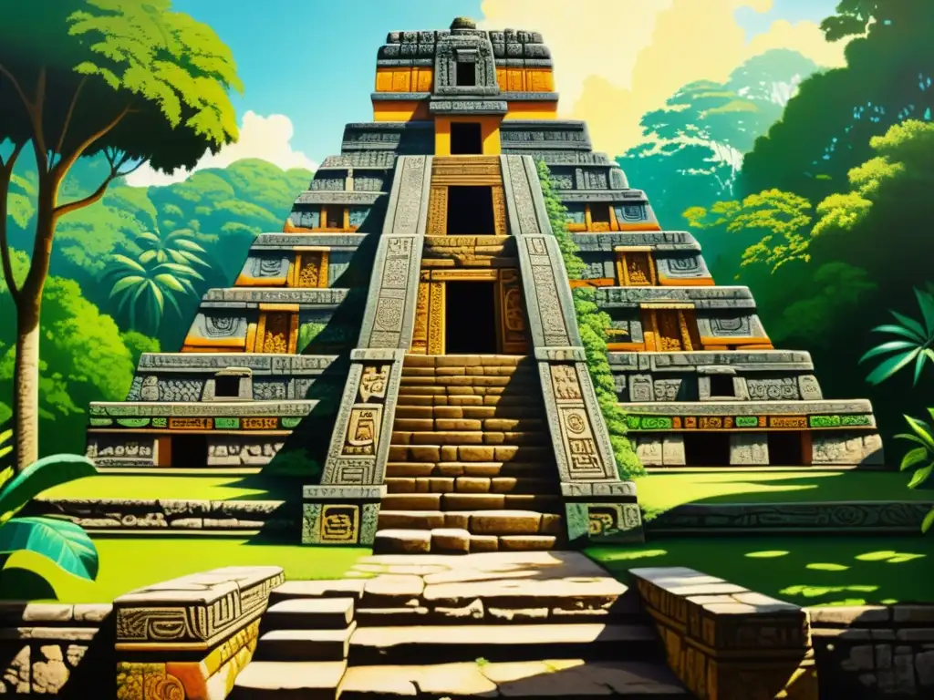 Una pintura al estilo vintage de un antiguo templo maya, reviviendo patrones ancestrales con realidad aumentada en medio de la exuberante selva