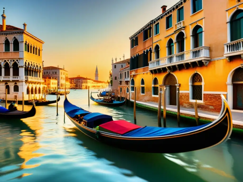 Una pintura al estilo vintage de los icónicos botes de Venecia flotando en los canales, iluminados por el cálido resplandor dorado del atardecer