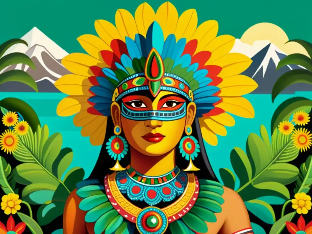 Una pintura al óleo de estilo vintage de Quetzalcóatl, la deidad de la Serpiente Emplumada, con colores vibrantes y detalles intrincados