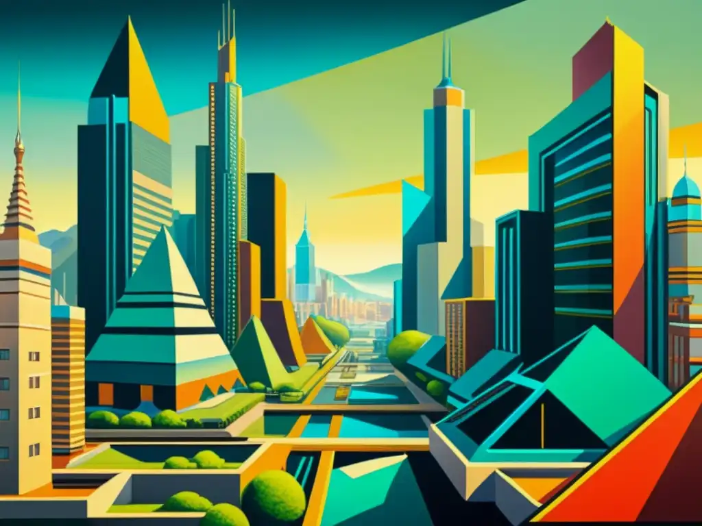 Una pintura al óleo de estilo vintage de una ciudad futurista con patrones geométricos, fusionando arte, tecnología y naturaleza