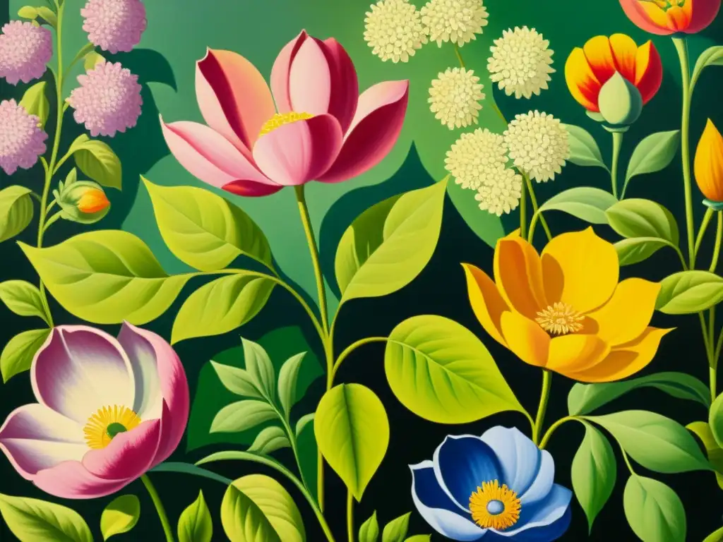 Una pintura al óleo vintage de alta resolución que muestra un exuberante jardín con vibrantes y detallados patrones florales