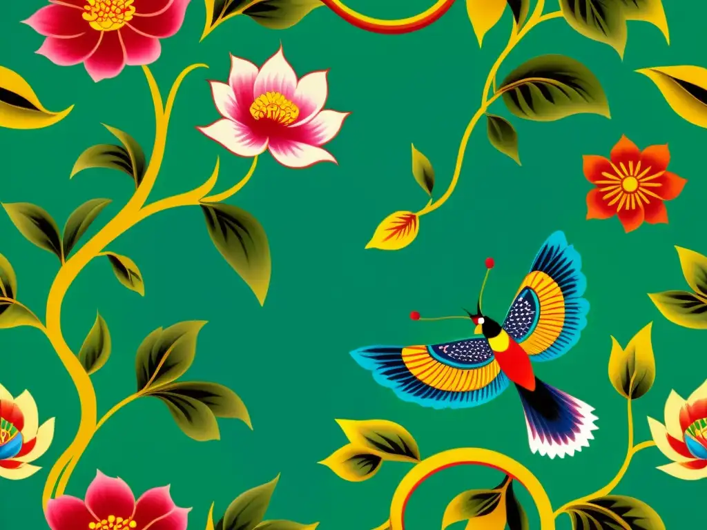 Una pintura de seda china tradicional muestra patrones intrincados y colores vibrantes, reflejando la rica herencia artística china