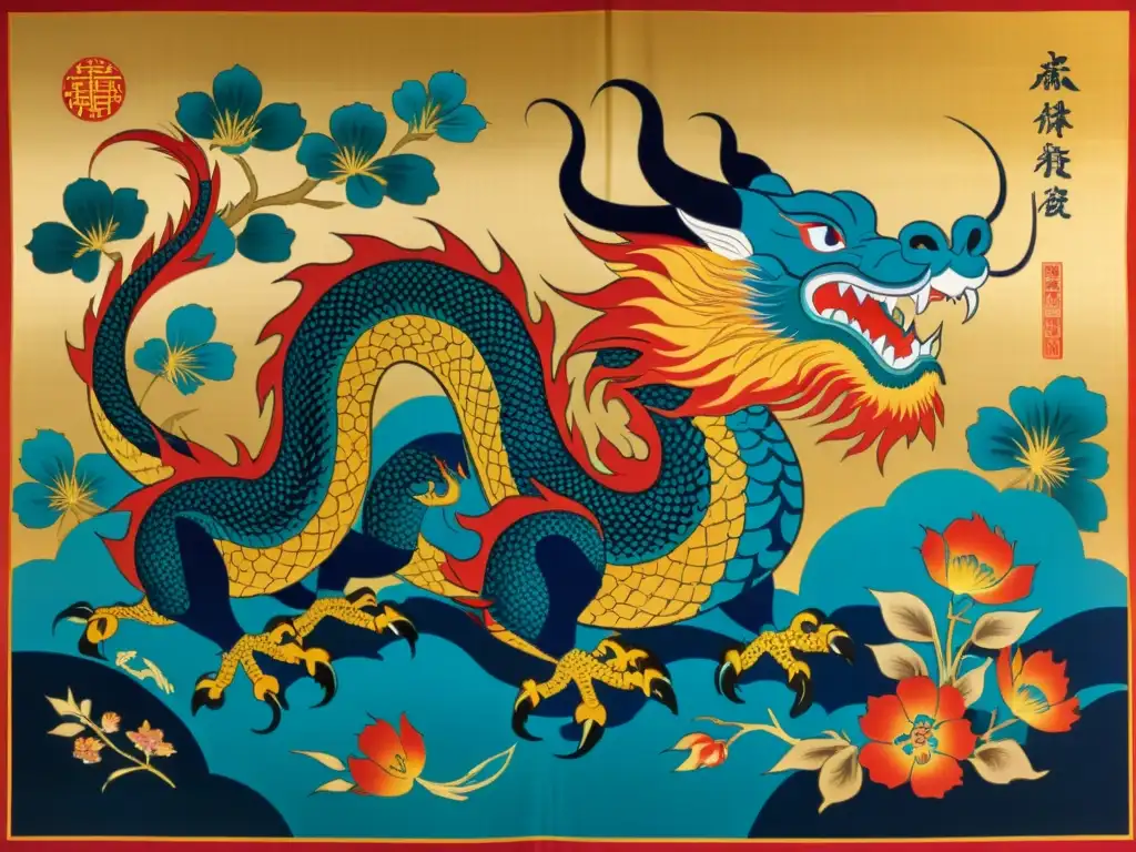 Una pintura en seda china vintage con patrones de dragones, fénix y motivos florales en tonos vibrantes de rojo, dorado y azul