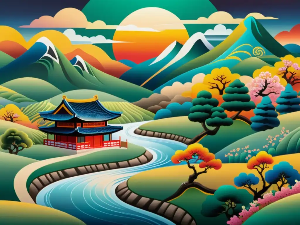 Una pintura tradicional coreana con patrones y colores ricos que representan paisajes y criaturas míticas