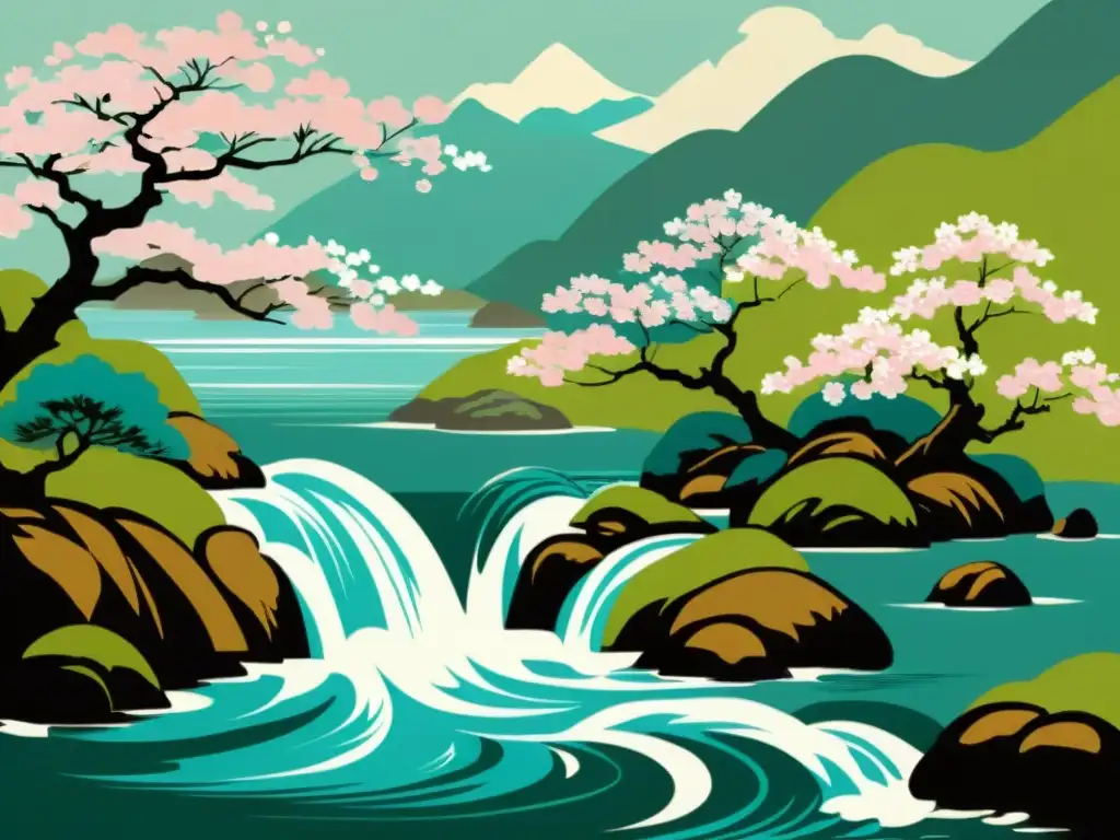 Una pintura tradicional japonesa captura la serenidad de la naturaleza con patrones intrincados y colores vibrantes