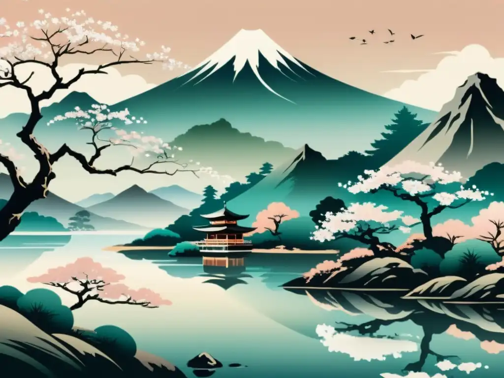 Una pintura tradicional japonesa muestra un paisaje sereno con delicados árboles de cerezo, un estanque tranquilo y una majestuosa montaña