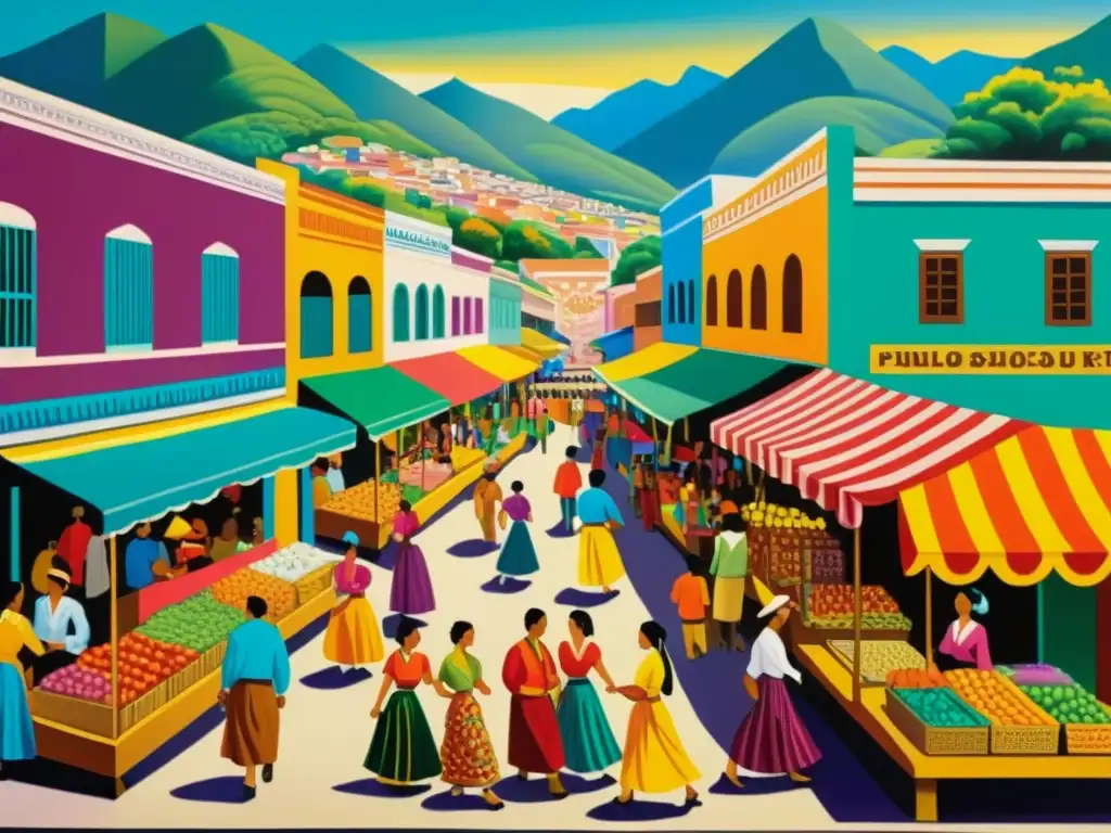 Una pintura tradicional llena de vida y color que muestra un bullicioso mercado latinoamericano con patrones y diseños vibrantes