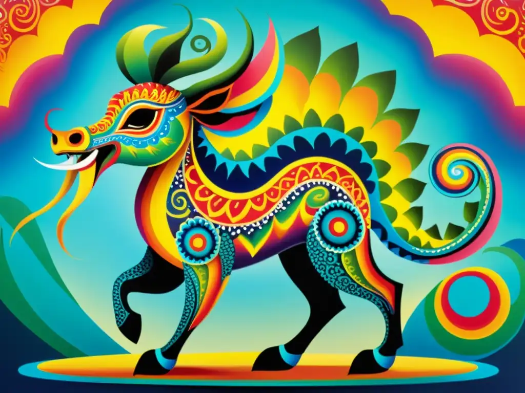 Cuadro de alebrije colorido y detallado con influencia folclórica mexicana Una pintura vintage de un alebrije colorido, con detalles intrincados y diseños inspirados en el folclore mexicano