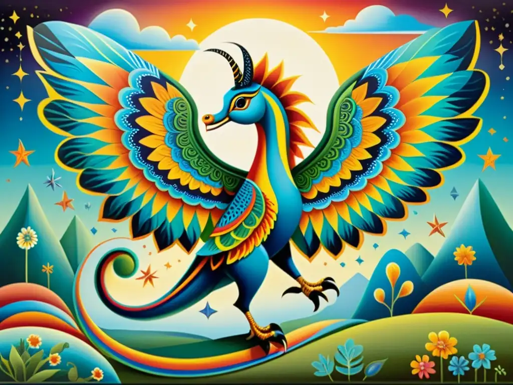 Cuadros de alebrijes: paisajes oníricos y criaturas fantásticas Una pintura vintage de alebrijes coloridos surgiendo de un paisaje onírico, con patrones e detalles intrincados en sus formas fantásticas