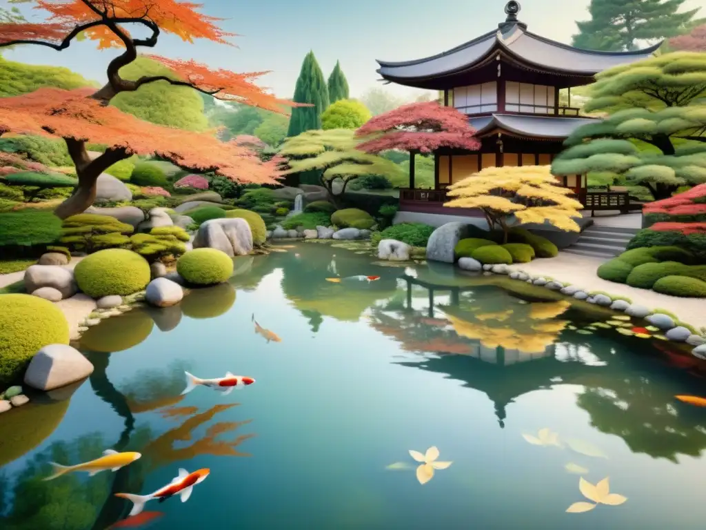 Una pintura vintage de un apacible jardín japonés con patrones de agua, faroles de piedra y colores vibrantes en los arces circundantes