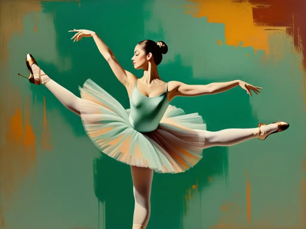 Una pintura vintage de una bailarina en una grácil pose de arabesque, con detalles impresionantes que evocan elegancia atemporal