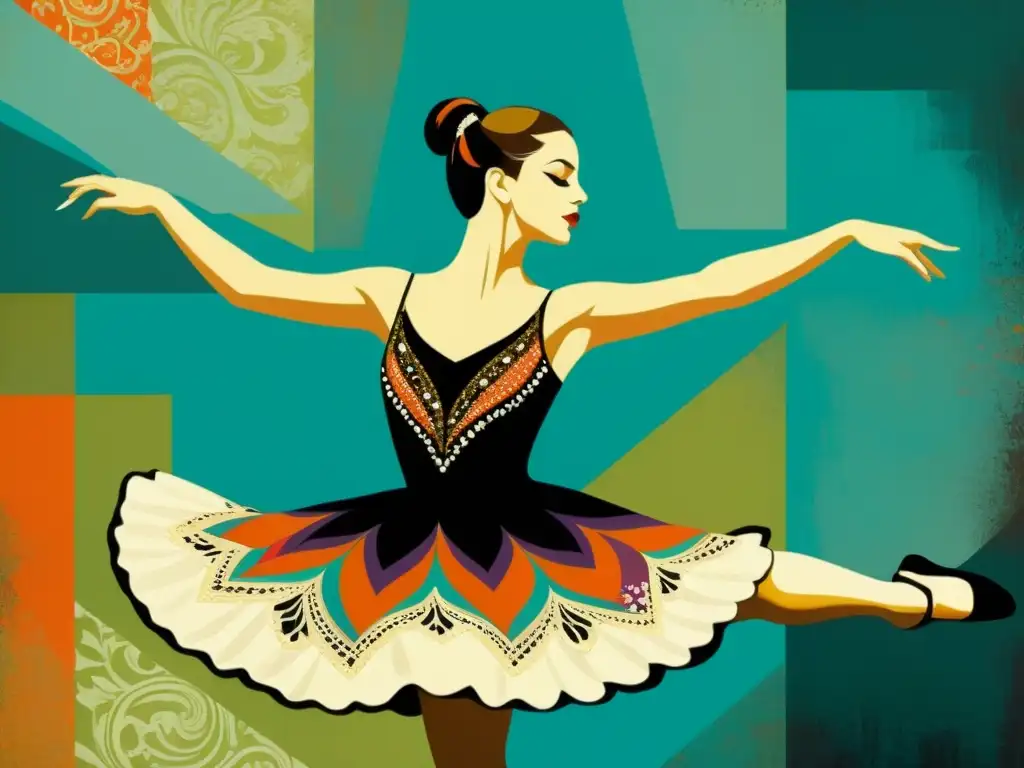 Una pintura vintage de una bailarina en una pose asimétrica, con colores vibrantes y texturas detalladas