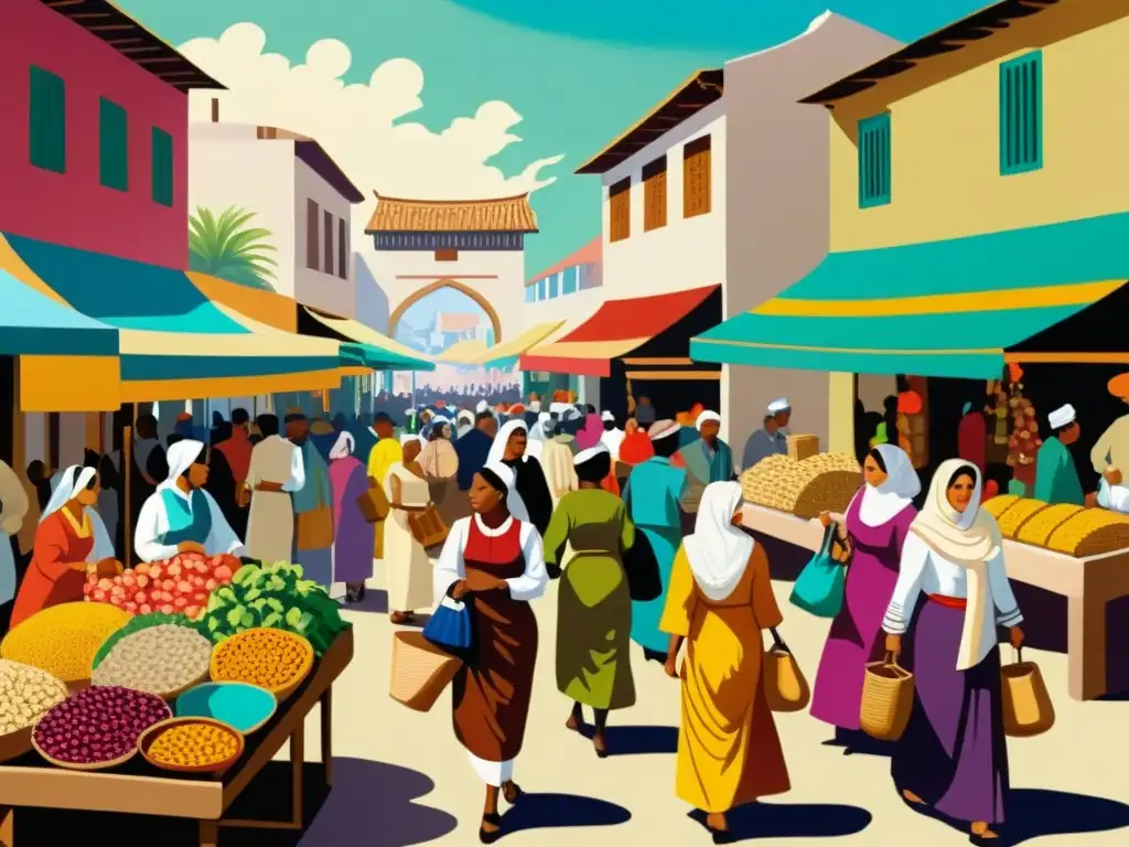 Pintura vintage de un bullicioso mercado con diversidad cultural y patrones vibrantes
