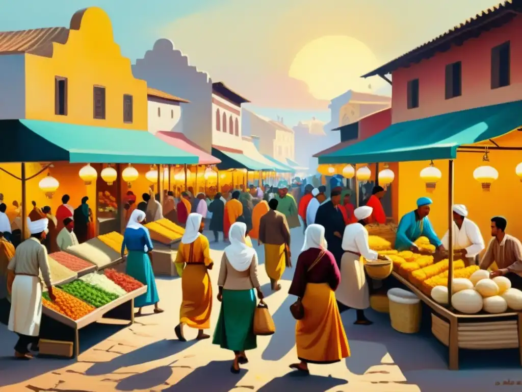 Una pintura vintage de un bullicioso mercado, con colores vibrantes, patrones intrincados y un gran impacto visual