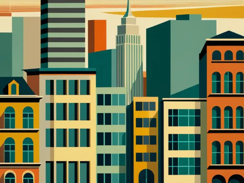 Pintura vintage de una ciudad bulliciosa, con patrones arquitectónicos que evocan la influencia de los patrones en el arte