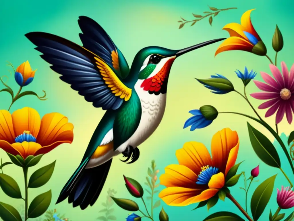 Una pintura vintage de un colibrí en medio de flores nativas, con detalles intrincados y pinceladas delicadas que capturan su esencia