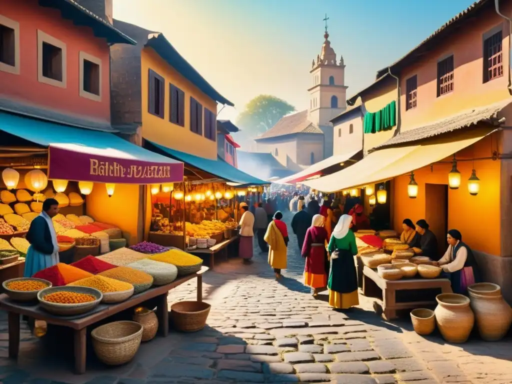 Una pintura vintage detallada de un bullicioso mercado, bañado en cálida luz dorada, con artesanías tradicionales coloridas en exhibición