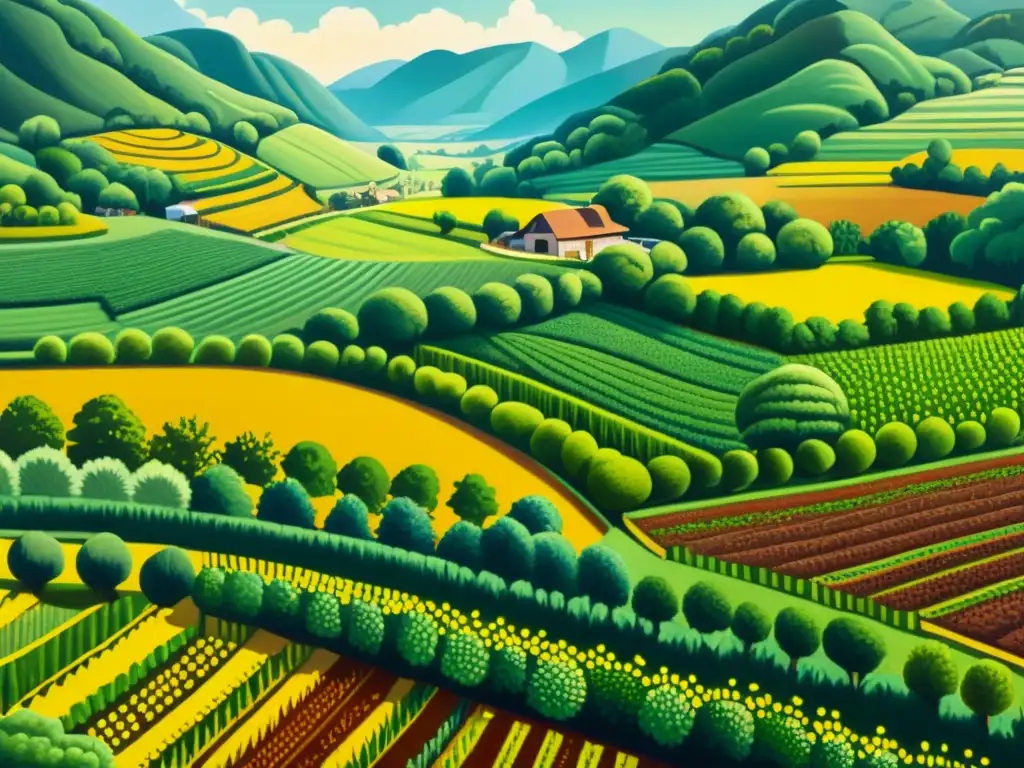 Una pintura vintage detallada en 8k de una granja agroecológica diversa con patrones artísticos en movimientos agroecológicos