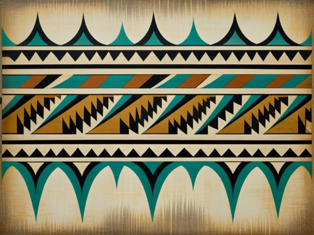 Una pintura vintage detallada de un patrón de arte tribal en un lienzo envejecido, con diseños geométricos intrincados en tonos terrosos